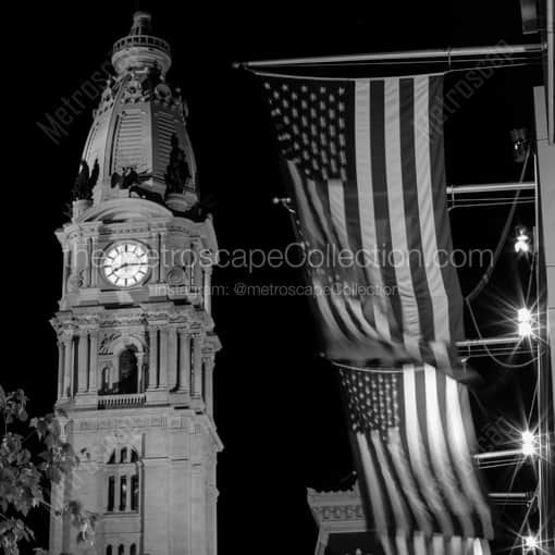 Philadelphia Framed Photos of The Pinnacle of Philadelphia City Hall and US Flags at Night The Pinnacle of Philadelphia City Hall and US Flags at Night -- Philadelphia Black and White Framed Photos