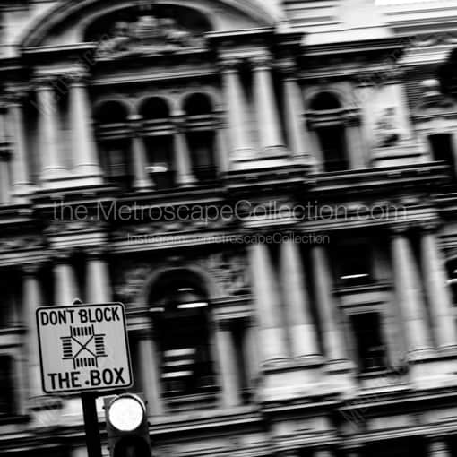 Philadelphia Framed Photos of Dont Block the Box Sign in front of Philadelphia City Hall Dont Block the Box Sign in front of Philadelphia City Hall -- Philadelphia Black and White Framed Photos