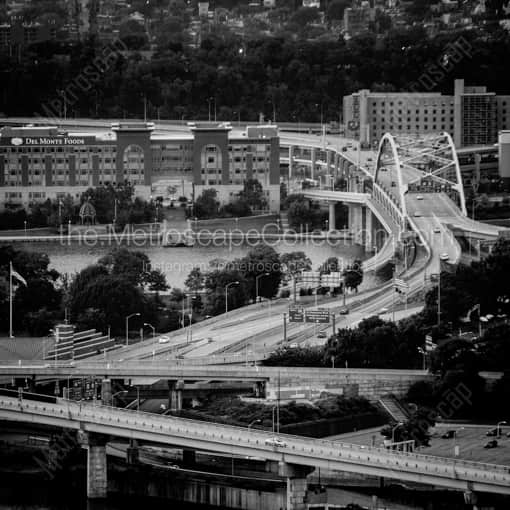 Matte Black WOOD Framed Black and White Pittsburgh Photograph: Traffic on Downtown Pittsburghs Bridges in a Square Matte Black Wood Frame