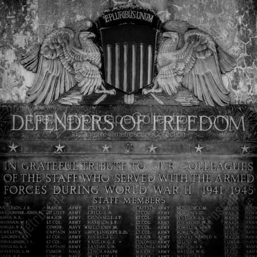 Matte Black WOOD Framed Black and White Pittsburgh Photograph: The Defenders of Freedom Plaque at Soldiers and Sailors Memorial in a Square Matte Black Wood Frame