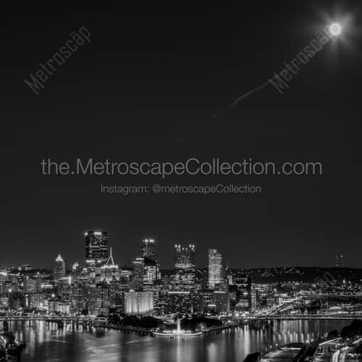 Matte Black WOOD Framed Black and White Pittsburgh Photograph: Downtown Pittsburgh Skyline under a Full Moon in a Square Matte Black Wood Frame