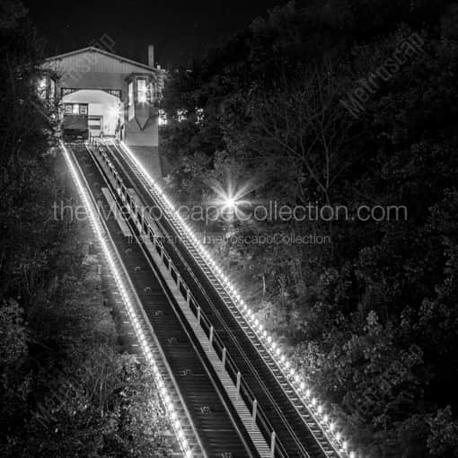 Matte Black WOOD Framed Black and White Pittsburgh Photograph: The Monongahela Incline at Night in a Square Matte Black Wood Frame
