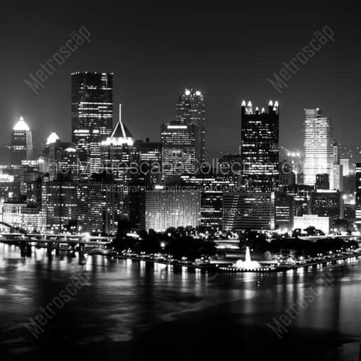 Matte Black WOOD Framed Black and White Pittsburgh Photograph: The Pittsburgh Skyline from the West End Overlook in a Square Matte Black Wood Frame