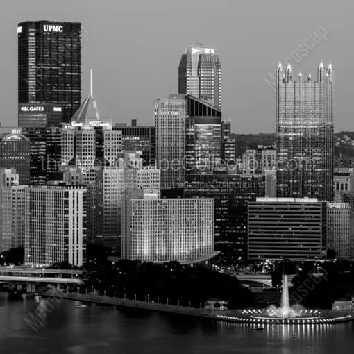 Matte Black WOOD Framed Black and White Pittsburgh Photograph: The Downtown Pittsburgh Skyline at Dusk in a Square Matte Black Wood Frame