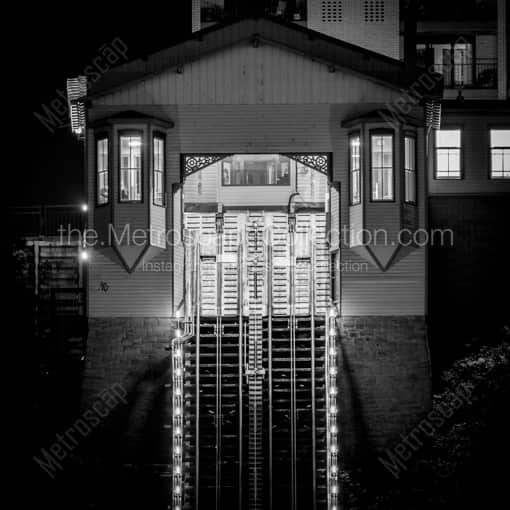 Matte Black WOOD Framed Black and White Pittsburgh Photograph: The Monongahela Incline Upper Station at Night in a Square Matte Black Wood Frame