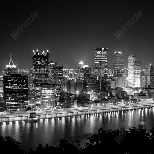 Matte Black WOOD Framed Black and White Pittsburgh Photograph: The Pittsburgh Skyline from Grandview Avenue atop Mt Washington in a Square Matte Black Wood Frame