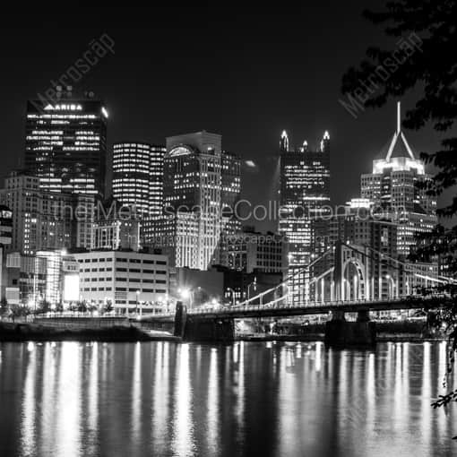 Matte Black WOOD Framed Black and White Pittsburgh Photograph: The Ninth Avenue Bridge and Pittsburgh Skyline in a Square Matte Black Wood Frame