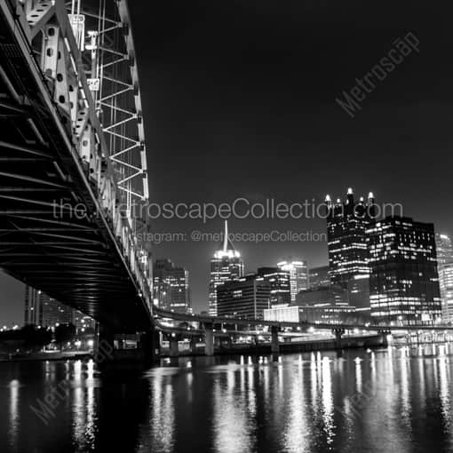 Matte Black WOOD Framed Black and White Pittsburgh Photograph: The Pittsburgh Skyline Under the Fort Pitt Bridge in a Square Matte Black Wood Frame