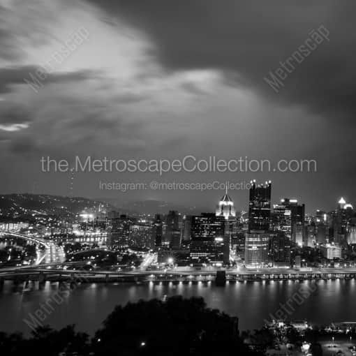 Matte Black WOOD Framed Black and White Pittsburgh Photograph: Rainfall over the Pittsburgh Skyline in a Square Matte Black Wood Frame