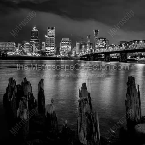 Portland Framed Photos of The Portland Skyline from the Muddy Banks of the Willamette River The Portland Skyline from the Muddy Banks of the Willamette River -- Portland Black and White Framed Photos