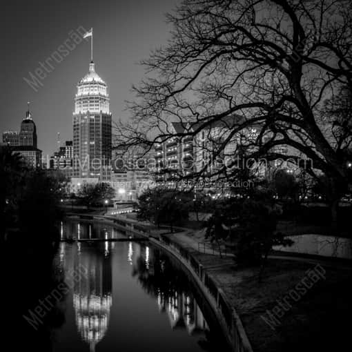The San Antonio Skyline at Night in February -- San Antonio Black and White Framed Photos