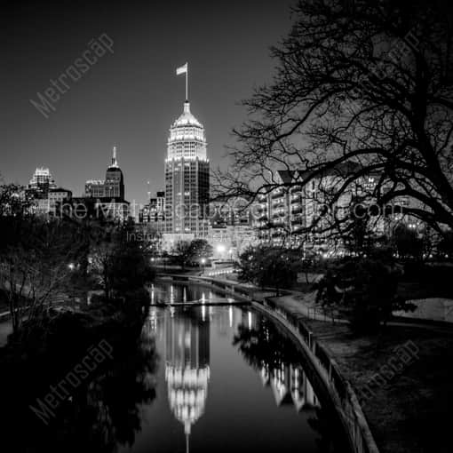 The Tower Life Building and San Antonio River -- San Antonio Black and White Framed Photos