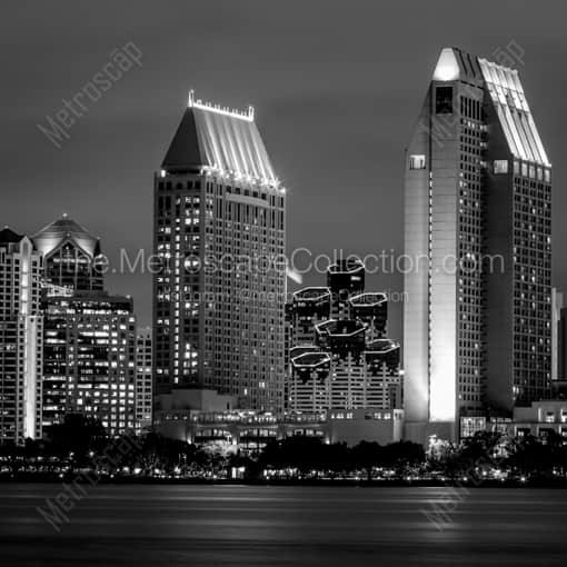 The San Diego Skyline at Night -- San Diego Black and White Framed Photos