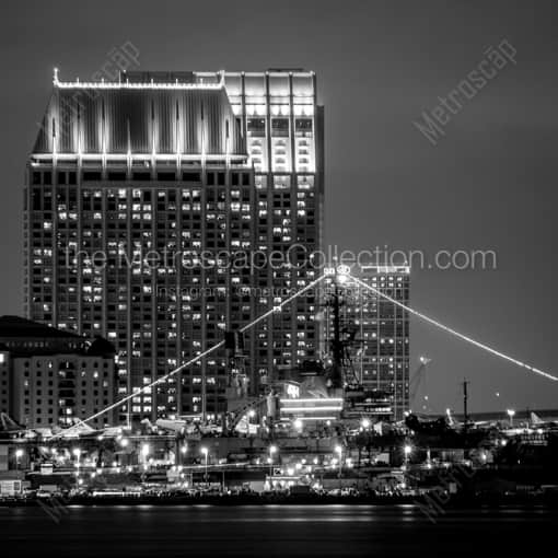 The San Diego Skyline and USS Midway at Night -- San Diego Black and White Framed Photos