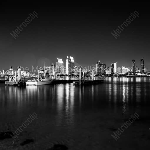 The San Diego Skyline from the Coronado Island Ferry Landing -- San Diego Black and White Framed Photos