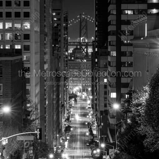 San Francisco Framed Photos of Looking Down California Street and the Bay Bridge at Night Looking Down California Street and the Bay Bridge at Night -- San Francisco Black and White Framed Photos