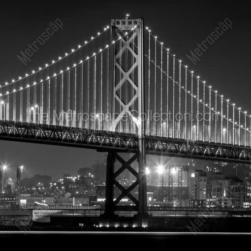 San Francisco Framed Photos of The LEDs along the Vertical Support Cables of the Bay Bridge The LEDs along the Vertical Support Cables of the Bay Bridge -- San Francisco Black and White Framed Photos