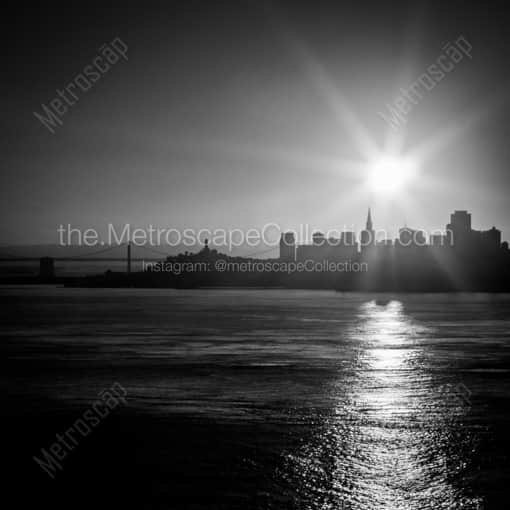 San Francisco Framed Photos of A Back-lit Bay Bridge and San Francisco Skyline at Dawn A Back-lit Bay Bridge and San Francisco Skyline at Dawn -- San Francisco Black and White Framed Photos