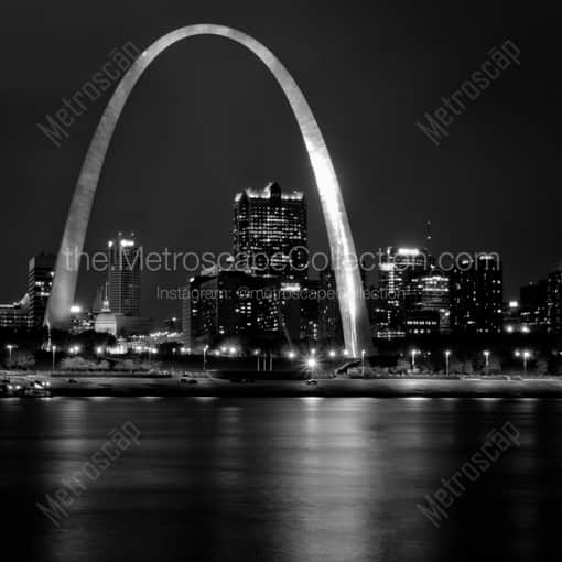 The St Louis Arch and Skyline at Night -- St Louis Black and White Framed Photos