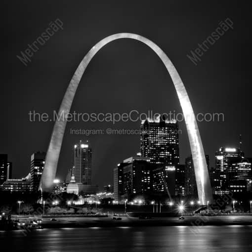 The Gateway Arch over St Louis at Night -- St Louis Black and White Framed Photos