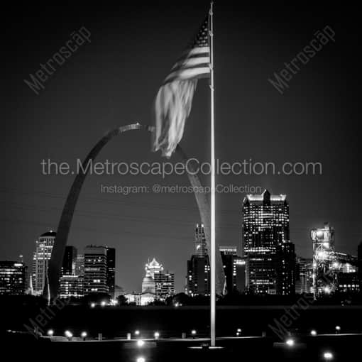 The American Flag and Gateway Arch at Night -- St Louis Black and White Framed Photos