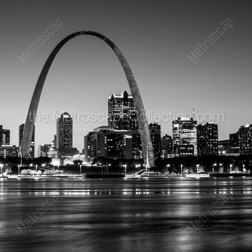 The St Louis Skyline at Night Under the Gateway Arch -- St Louis Black and White Framed Photos