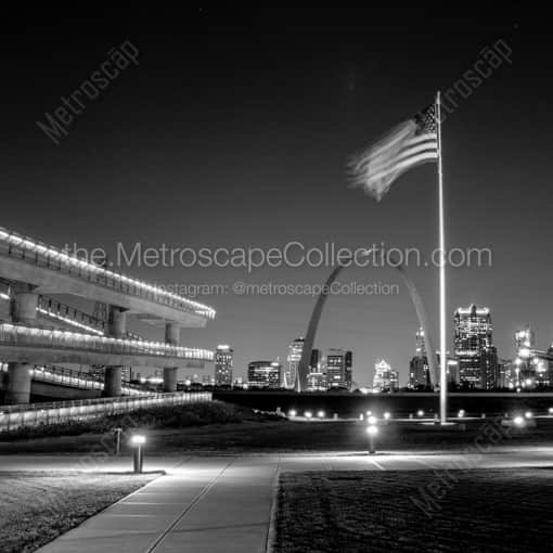 The American Flag Above the Gateway Arch -- St Louis Black and White Framed Photos