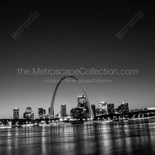 The St Louis Skyline Along the Mighty Mississippi River -- St Louis Black and White Framed Photos