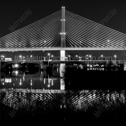 Matte Black WOOD Framed Black and White Toledo Photograph: The Toledo Veterans Glass Skyway Bridge at Night in a Square Matte Black Wood Frame