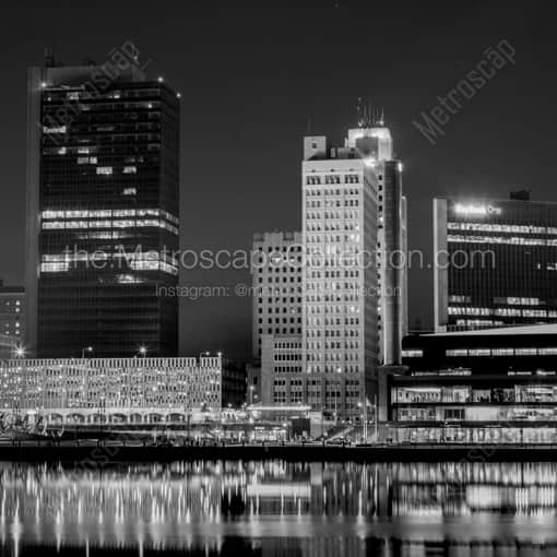 Toledo Framed Photos of The Tower on the Maumee and Riverfront Apartments buildings at Night The Tower on the Maumee and Riverfront Apartments buildings at Night -- Toledo Black and White Framed Photos