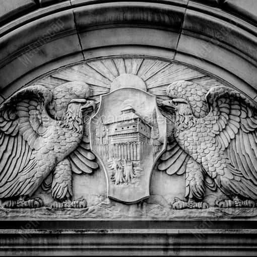 Toledo Framed Photos of A Fort Meigs Relief above the Huntington Building Main Entrance A Fort Meigs Relief above the Huntington Building Main Entrance -- Toledo Black and White Framed Photos