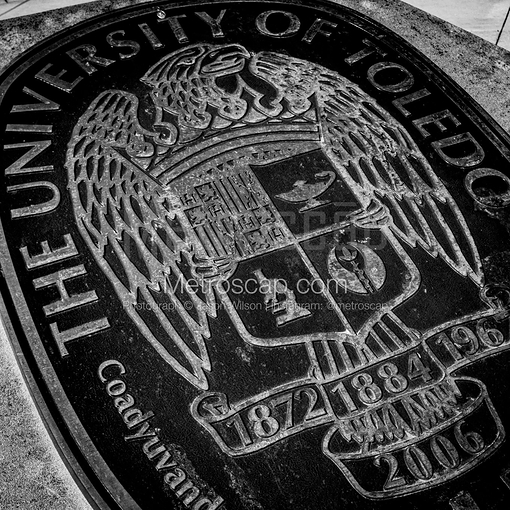 Matte Black MDF Framed Black and White Toledo Photograph: University of Toledo Seal in a Square Matte Black MDF Frame