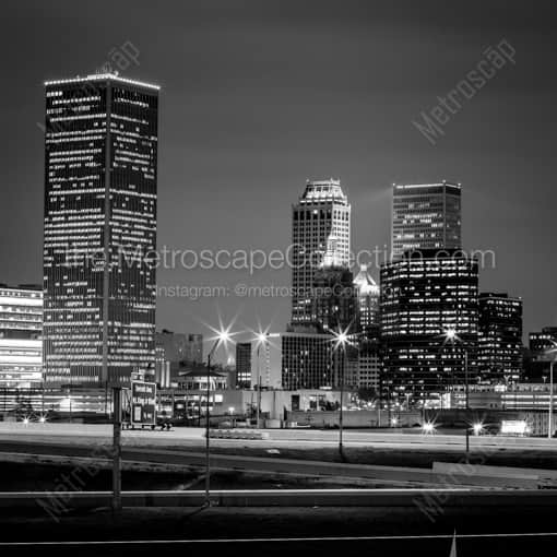 The Tulsa Oklahoma Skyline at Night -- Tulsa Black and White Framed Photos