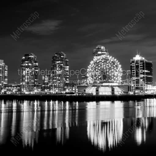 Vancouver Framed Photos of The TELUS Science World Dome Reflects Off of False Creek The TELUS Science World Dome Reflects Off of False Creek -- Vancouver Black and White Framed Photos