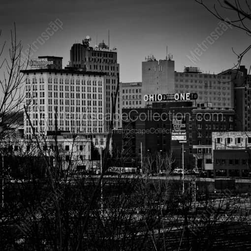 Matte Black WOOD Framed Black and White Youngstown Photograph: Youngstown Skyline from Woodland Ave. in a Square Matte Black Wood Frame