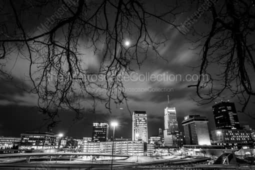 The Downtown Akron Skyline at Night -- Akron Black and White Photos