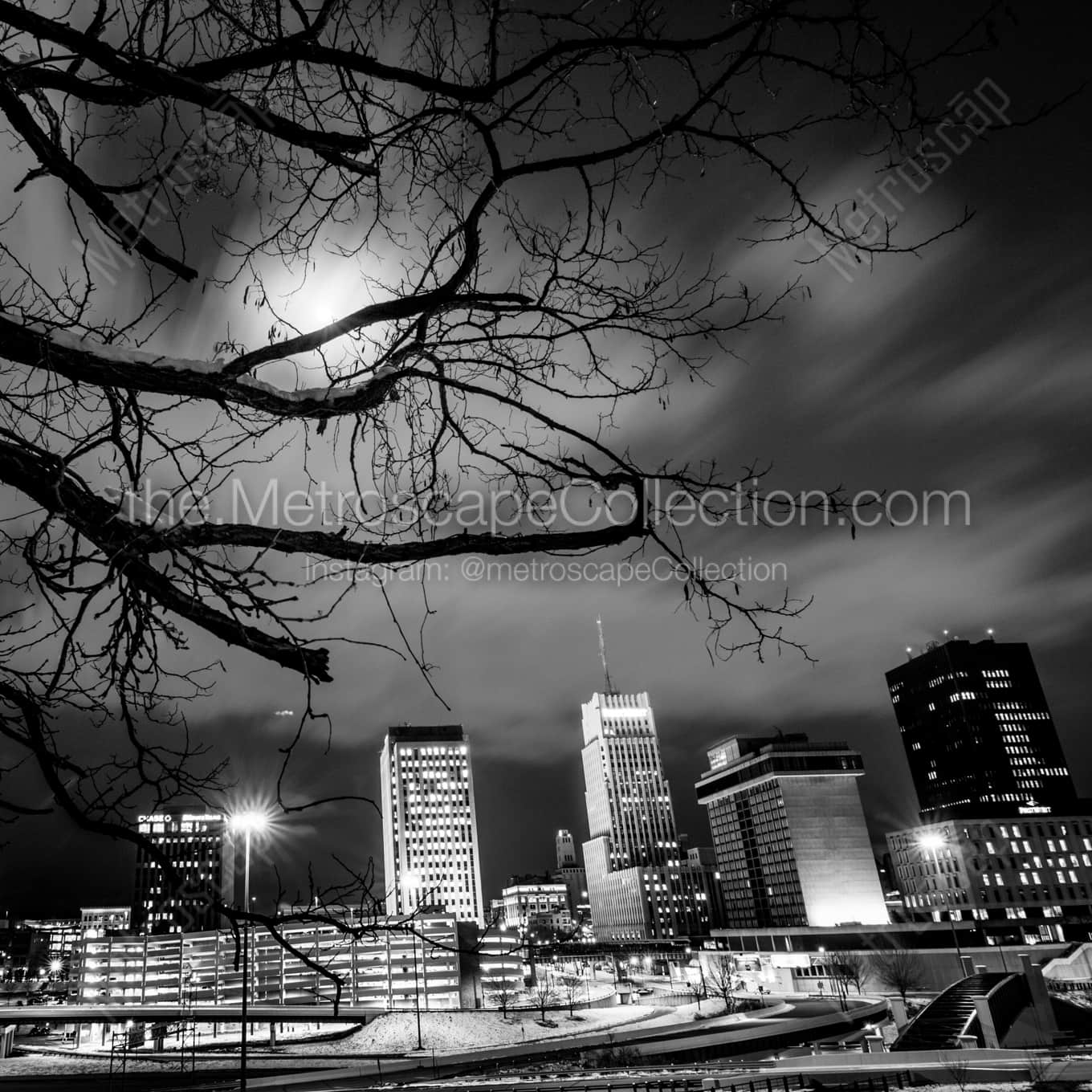 The Akron Skyline from Glendale Park landscape black and white Photography square crop