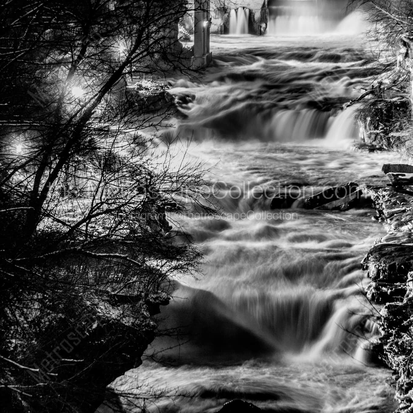Cuyahoga Falls at Night landscape black and white Photography square crop