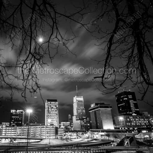 Matte Black WOOD Framed Black and White Akron Photograph: The Downtown Akron Skyline at Night in a Square Matte Black Wood Frame