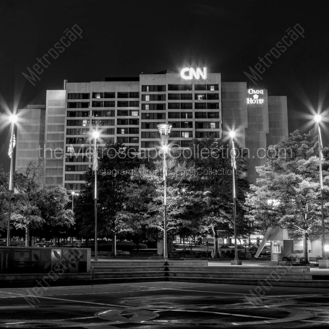 The Omni Hotel at CNN Plaza in Downtown Atlanta at Night landscape black and white Photography The Omni Hotel at CNN Plaza in Downtown Atlanta at Night landscape black and white Photography square crop
