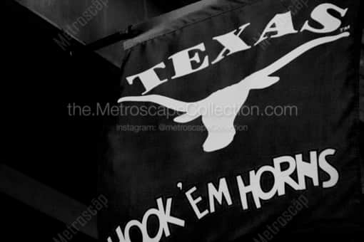 A Hook Em Horns Banner on Sixth Street -- Austin Black and White Photos