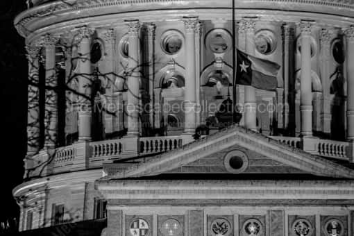 Austin Black and White Photography of The Top of the Texas State House and Texas Flag The Top of the Texas State House and Texas Flag -- Austin Black and White Photography