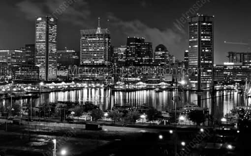 Baltimore Black and White Photography of The Baltimore Skyline Over Looking the Inner Harbor from Federal Hill The Baltimore Skyline Over Looking the Inner Harbor from Federal Hill -- Baltimore Black and White Photography