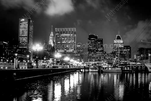 Baltimore Black and White Photography of Lights along the Inner Harbor and Baltimore Skyline at Night Lights along the Inner Harbor and Baltimore Skyline at Night -- Baltimore Black and White Photography