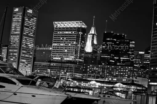 The Baltimore Skyline Featuring the Legg Mason Building and Inner Harbor Boats -- Baltimore Black and White Photos