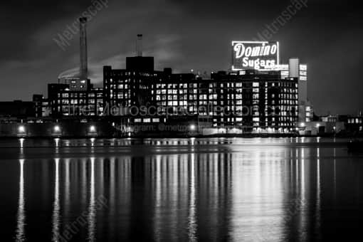 Baltimore Black and White Photography of The Domino Sugars Factory as seen from across the Inner Harbor at Night The Domino Sugars Factory as seen from across the Inner Harbor at Night -- Baltimore Black and White Photography