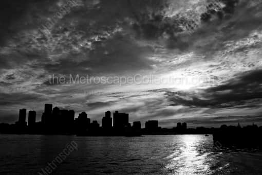 A Dramatic Sunset Behind the Boston Skyline -- Boston Black and White Photography