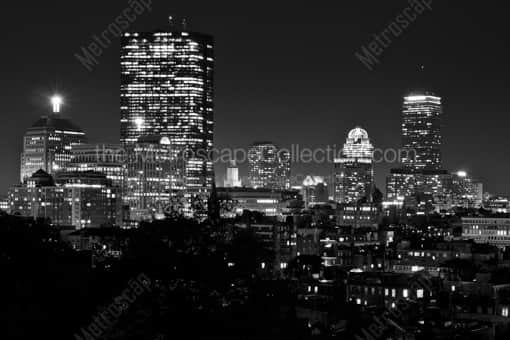 Boston Back Bay Skyline at Night -- Boston Black and White Photography
