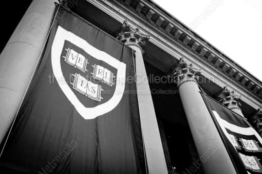 Veritas Banners on Widener Library during Harvard Commencement  -- Boston Black and White Photography