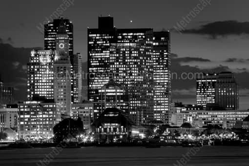 Long Wharf at night from East Boston Piers Park -- Boston Black and White Photography